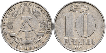 ГДР 10 пфеннигов 1971 A KM 10 алюминий 67-1236