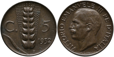 ИТАЛИЯ 5 ЧЕНТЕЗИМО 1932 R, ВИКТОР ИМАНУИЛ KM 59 медь 75-1039