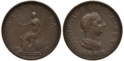 Великобритания 1 фартинг 1807 Георг III (1760-1820) KM 661, Spink 3782 медь 1523-1011