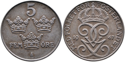 Швеция 5 эре 1947 Густав V (1907-1950) KM 812 железо 4389-134