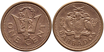 Барбадос 1 цент 1998 сломанный трезубец Британии KM 10а цинк плакированный медью 4398-615