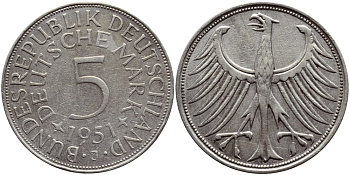 ФРГ 5 марок 1951 J (Гамбург), J. 387, KM 112.1 серебро 84-125