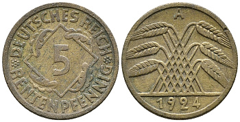 ГЕРМАНИЯ 5 РЕНТЕНПФЕННИГОВ 1924 A KM 32, J. 308 алюминиевая бронза 39-456