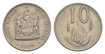 ЮАР 10 центов 1977 герб, цветок алоэ KM 85 никель 4598-1268