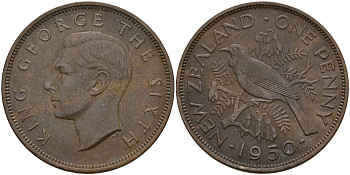 Новая Зеландия 1 пенни 1950 птица туи, Георг VI KM 21 бронза    4157-742