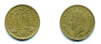 Испания 1 песета 1975 (79) Хуан Карлос I (1975-2014) KM 806 алюминиевая бронза 54-534