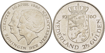 Нидерланды 2 1/2 гульдена 1980 коронация Беатрикс, 30 апреля 1980 KM 201 никель 38-123