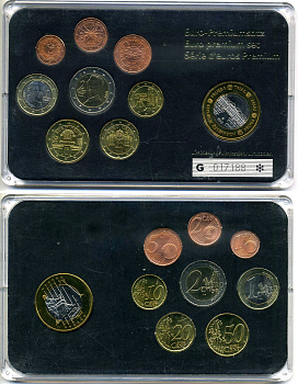 Австрия евронабор из 8 монет + 1 европробник 2002-2007 в пластике 1-4-3-33