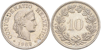 ШВЕЙЦАРИЯ 10 РАППЕНОВ 1989 В KM 27 медно-никель 55-531