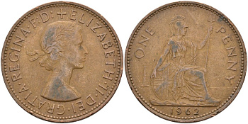 Великобритания 1 пенни 1962 Елизавета II (1952-2022) KM 897, Spink 4157 бронза 4574-212