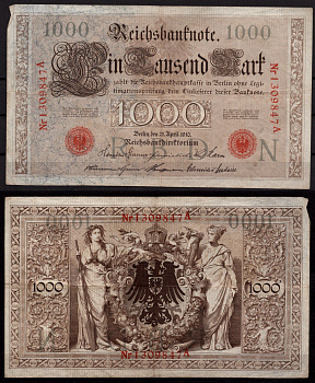 Германия 1000 марок 1910 Берлин, A; аллегорические фигуры («Мореплавание» и «Земледелие»), герб Pick 44 b бумага 7547-80-2-1