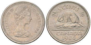 Канада 5 центов 1986 Елизавета II (1952-2022), бобер KM 60.2a медно-никель 192-453