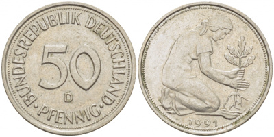 ФРГ 50 ПФЕННИГОВ 1991 D KM 109.2 медно-никель 26-719