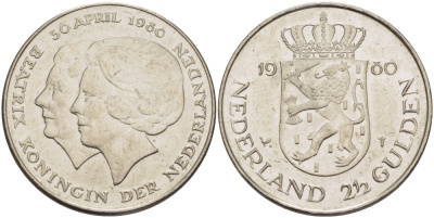Нидерланды 2 1/2 гульдена 1980 коронация Беатрикс, 30 апреля 1980 KM 201 никель 38-123