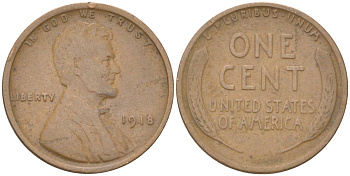 США 1 цент 1918 Авраам Линкольн KM 132 бронза 4613-814