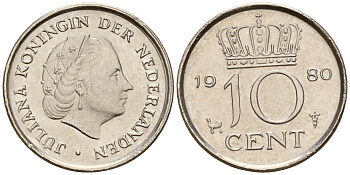 Нидерланды 10 центов 1980 Юлиана (1949-1980) KM 182 никель    4189-163