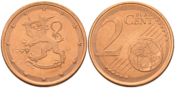 Финляндия 2 евроцента 1999  KM 99 сталь плакированная медью  UNC  4160-321