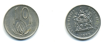 ЮАР 10 ЦЕНТОВ 1975 ГЕРБ, ЦВЕТОК АЛОЭ KM 85 никель 86-1242
