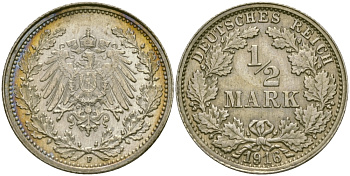 ГЕРМАНИЯ 1/2 МАРКИ 1916 F J. 16, KM 17 серебро UNC 65-246