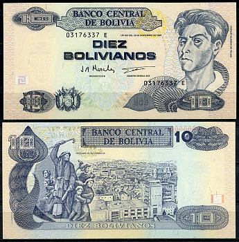 Боливия 10 боливиано 1986 серия E, Сесилио Гусман де Рохас Pick 204 c бумага UNC (пресс) 000-00-00