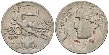 Италия 20 чентезимо 1921 R, Виктор Эммануил III (1900-1946) KM 44 никель 4615-631