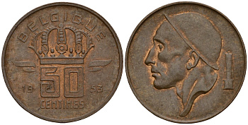 Бельгия 50 сантимов 1953 Belgique, Бодуэн I (1951-1993) KM 148 бронза 4189-856