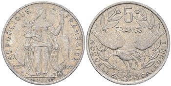 Французская Новая Каледония 5 франков 2001 птица кагу, (IEOM) KM 16, Schoen 12, Lec 81f алюминий 189-441