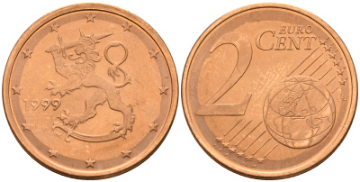 Финляндия 2 евроцента 1999  KM 99 сталь плакированная медью  UNC  4160-321