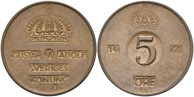 Швеция 5 эре 1962 Густав VI Адольф (1950-1973) KM 822 бронза 4526-1244