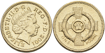 Англия 1 фунт 2001 ДИЗАЙН СЕВЕРНОЙ ИРЛАНДИИ, КЕЛЬТСКИЙ КРЕСТ KM 1013, Spink 4593 никель латунь 88-516