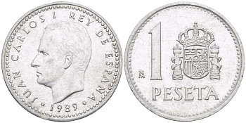 ИСПАНИЯ 1 ПЕСЕТА 1989 ХУАН КАРЛОС I (1975-) KM 821 алюминий 213-146