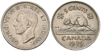 Канада 5 центов 1939 Георг VI (1936-1952), бобр KM 33 никель 4364-3041