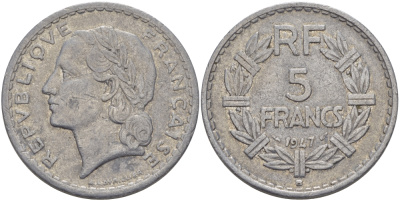 Франция 5 франков 1947 B, открытая 9, тип Лаврийе KM 888b.2, Le Franc 339.11 алюминий 32-1214