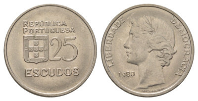 Португалия 25 эскудо 1980 KM 607a медно-никель UNC 4626-337