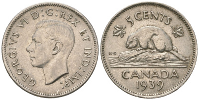Канада 5 центов 1939 Георг VI (1936-1952), бобр KM 33 никель 4364-3041