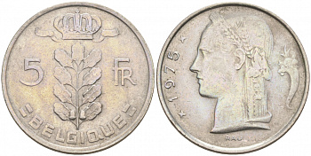 БЕЛЬГИЯ 5 ФРАНКОВ 1975 BELGIQUE KM 134.1 медно-никель 68-643