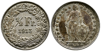 ШВЕЙЦАРИЯ 1/2 ФРАНКА 1913 В KM 23 серебро 46-936