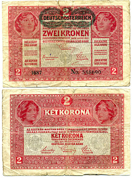 АВСТРИЯ 2 КРОНЫ 1919 ЧЁРНАЯ ГОРИЗОНТАЛЬНАЯ НАДПЕЧАТКА НА 1917 Pick 50 бумага 7207-14-1