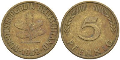 ФРГ 5 пфеннигов 1950 F KM 107, J. 382 сталь плакированная латунью 55-1246