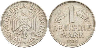 ФРГ 1 МАРКА 1959 G KM 110, J. 385 медно-никель 4551-1236