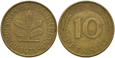 ФРГ 10 пфеннигов 1971 D J. 383, KM 108 сталь плакированная латунью    4603-351
