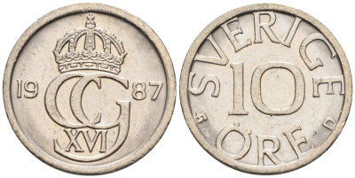 Швеция 10 эре 1987 Карл XVI Густав (1973- ) KM 850 медно-никель UNC 4585-443