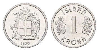 Исландия 1 крона 1976 KM 23 алюминий UNC 4687-763
