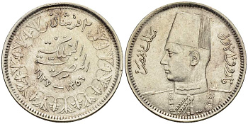 Египет 2 пиастра 1937 АН1356, Фарук (1936-1952) KM 365 серебро 4516-219