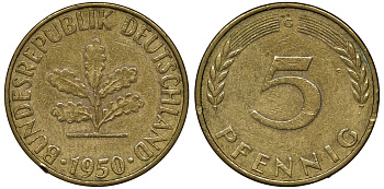 ФРГ 5 ПФЕННИГОВ 1950 G KM 107, J.382 сталь плакированная латунью 72-1119