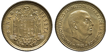 Испания 1 песета 1966 (75) Франциско Франко (1939-1975) КМ 796 алюминиевая бронза 186-915