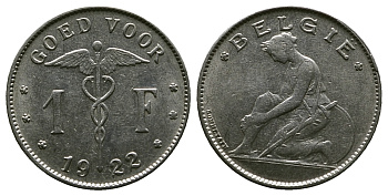 БЕЛЬГИЯ 1 ФРАНК 1922 BELGIE KM 90 никель 4384-114