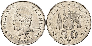 Французская Новая Каледония 50 франков 1991 хижина среди сосен и пальм, (IEOM) KM 13, Schoen 15, Lec 121 никель 4120-921