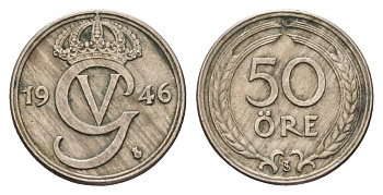 Швеция 50 эре 1946 TS, Густав V (1907-1950) KM 796 никель латунь 4119-1141