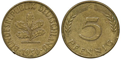 ФРГ 5 ПФЕННИГОВ 1950 G KM 107, J.382 сталь плакированная латунью 72-1119